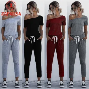 2021 Summer Jumpsuits Drawstring Design Pocket Short Sleeve Size S - XL