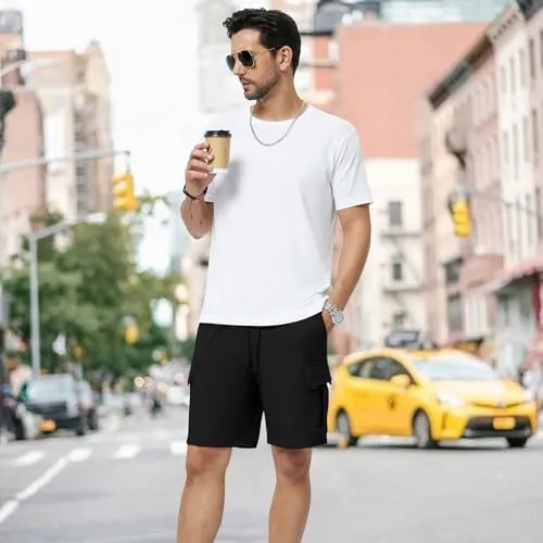 3rd hill Mens Casual Sweat Cargo Cotton Shorts Drawstring Elastic Waist Athletic Workout Gym Jogger Shorts with 5 Pockets Black