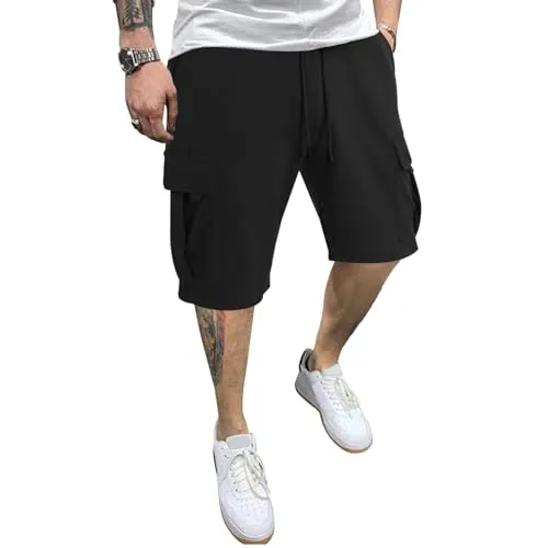 3rd hill Mens Casual Sweat Cargo Cotton Shorts Drawstring Elastic Waist Athletic Workout Gym Jogger Shorts with 5 Pockets Black