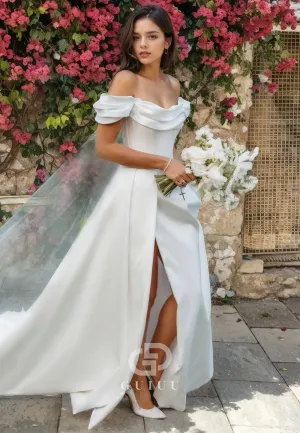 A-Line Off Shoulder Sleeveless Pleated Satin Wedding Dress with High Side Slit