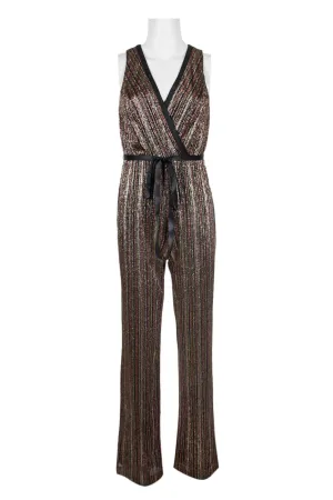 Aidan by Aidan Mattox V-Neck Sleeveless Piping Detail Tie Front Zipper Back Metallic Lurex Jumpsuit