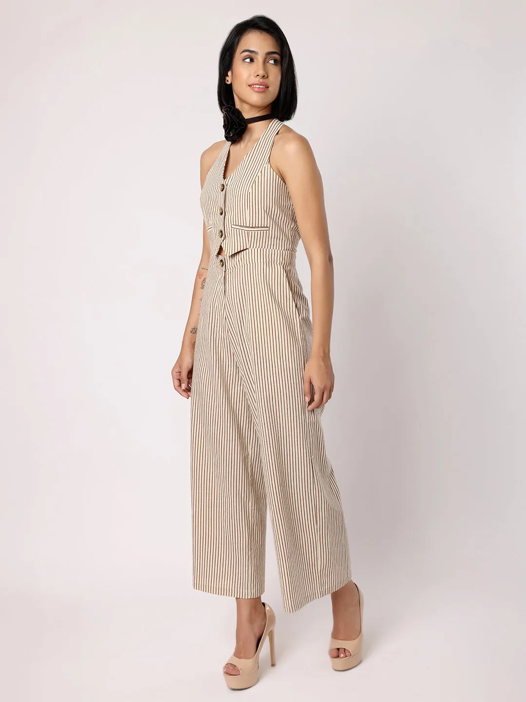 Beige and Black Striper Waistcoat Jumpsuit