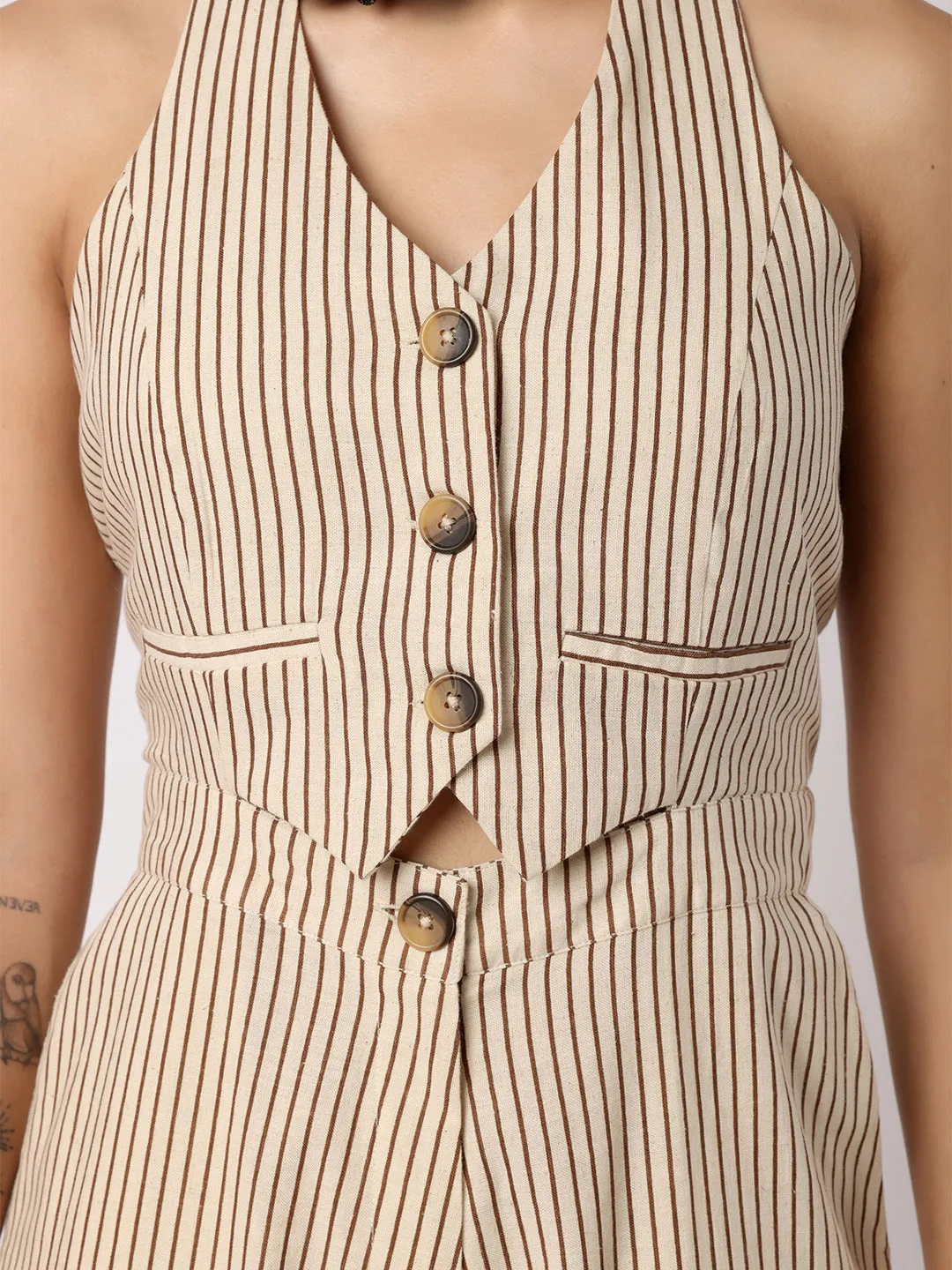 Beige and Black Striper Waistcoat Jumpsuit