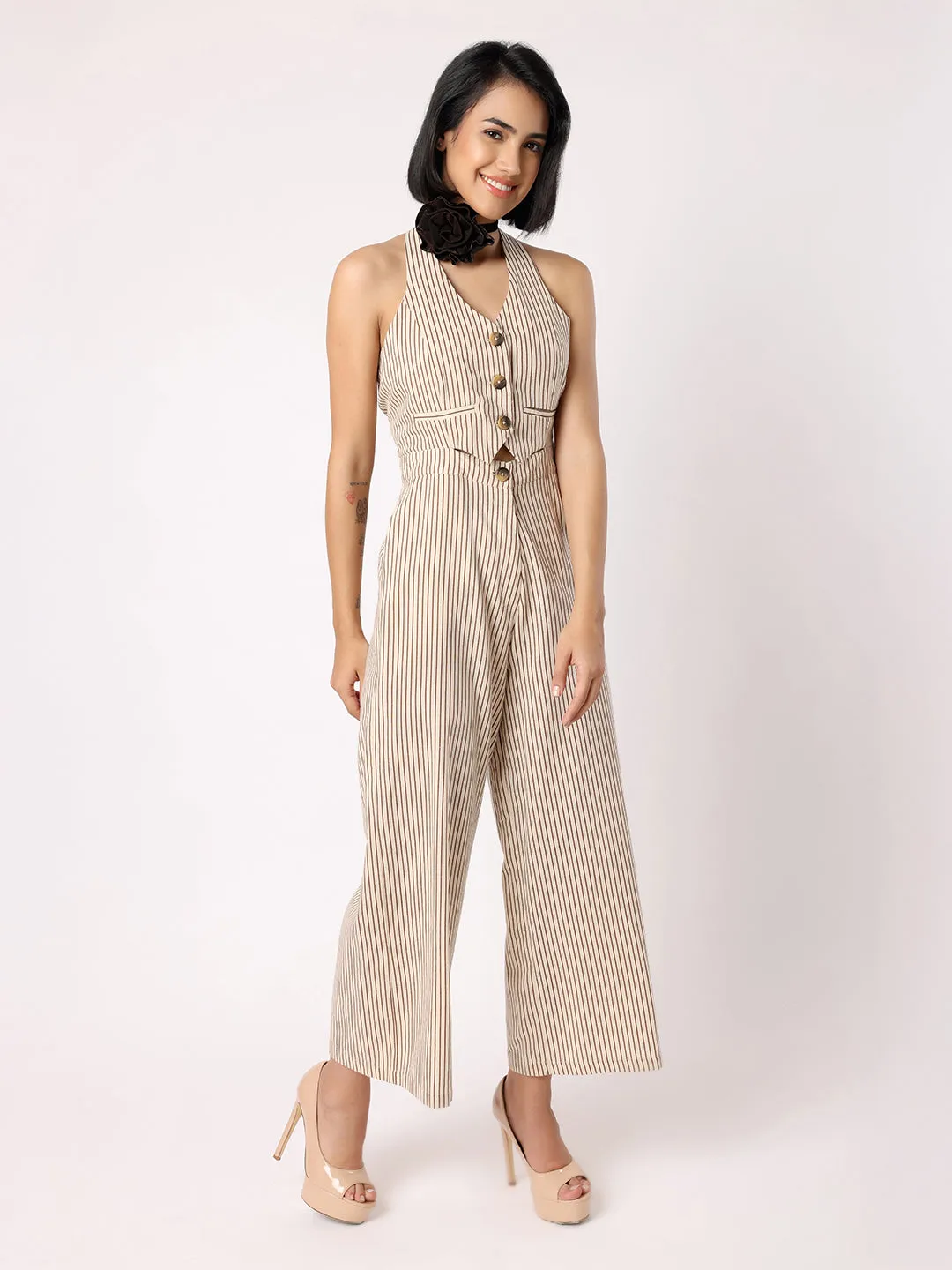 Beige and Black Striper Waistcoat Jumpsuit