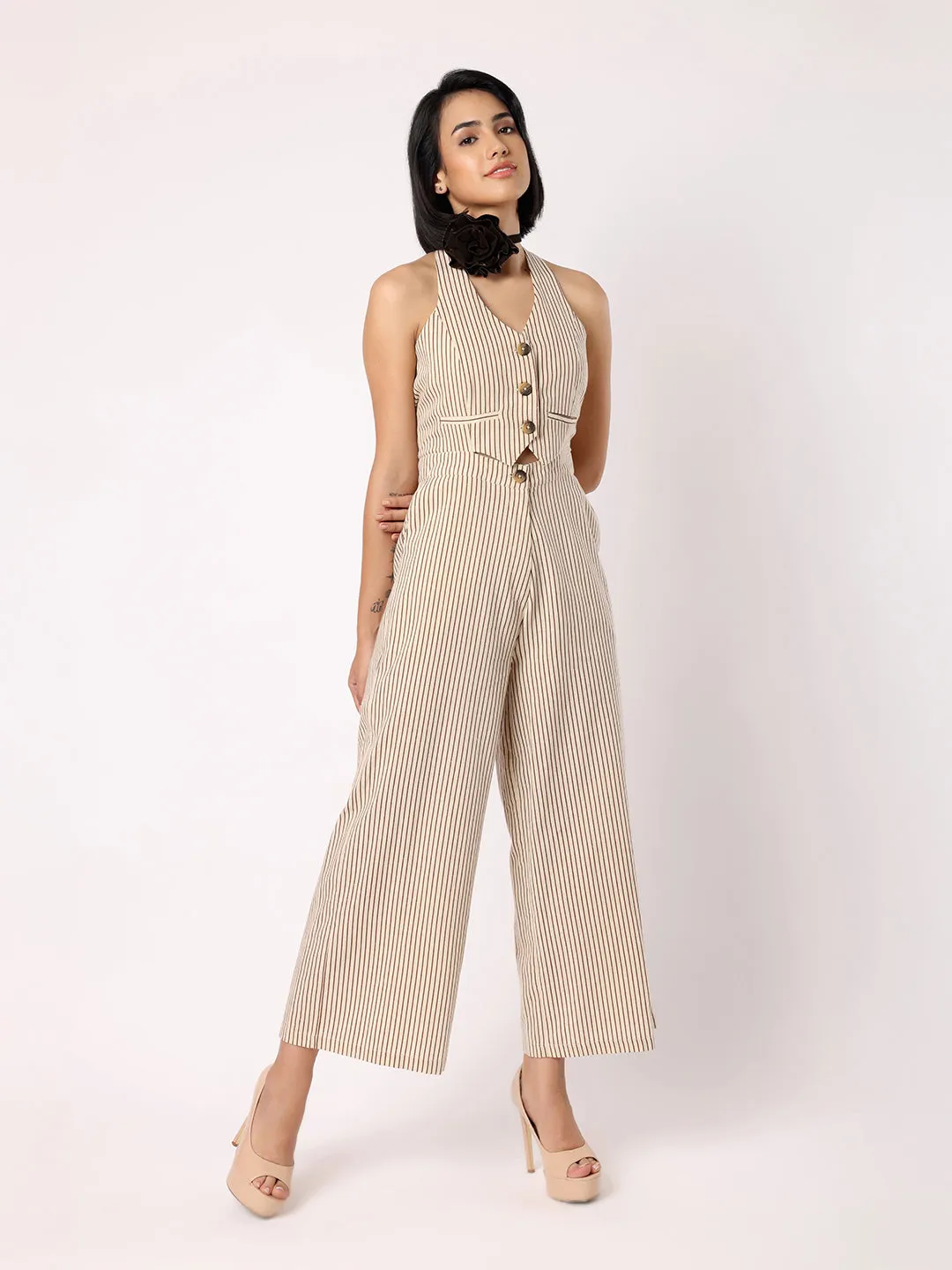 Beige and Black Striper Waistcoat Jumpsuit