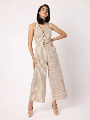 Beige and Black Striper Waistcoat Jumpsuit