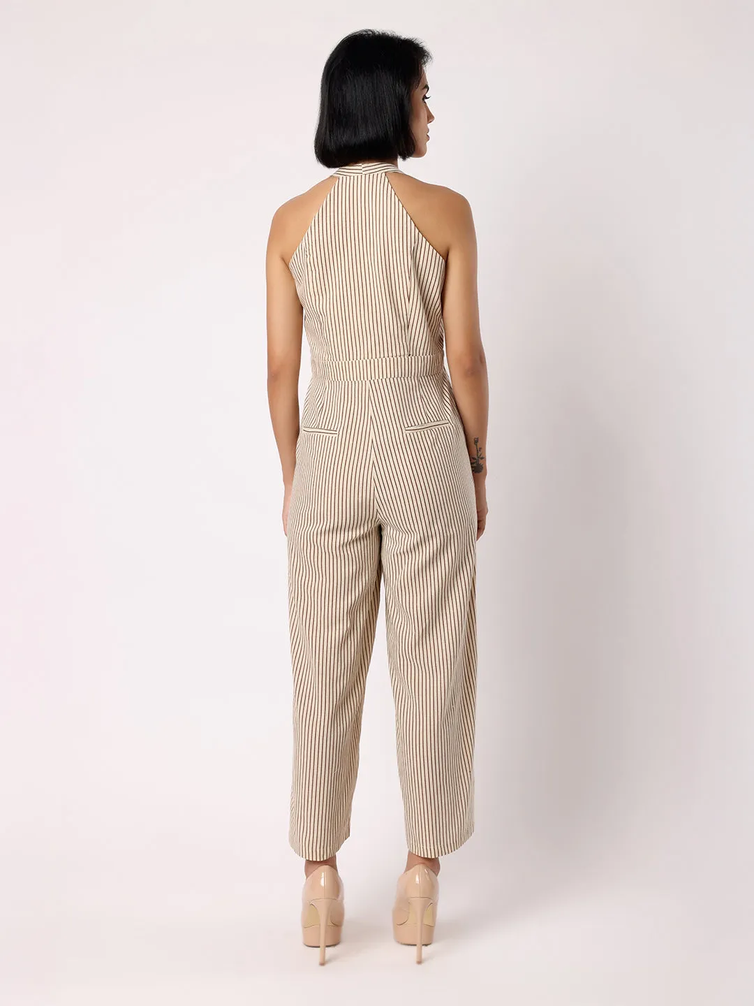 Beige and Black Striper Waistcoat Jumpsuit