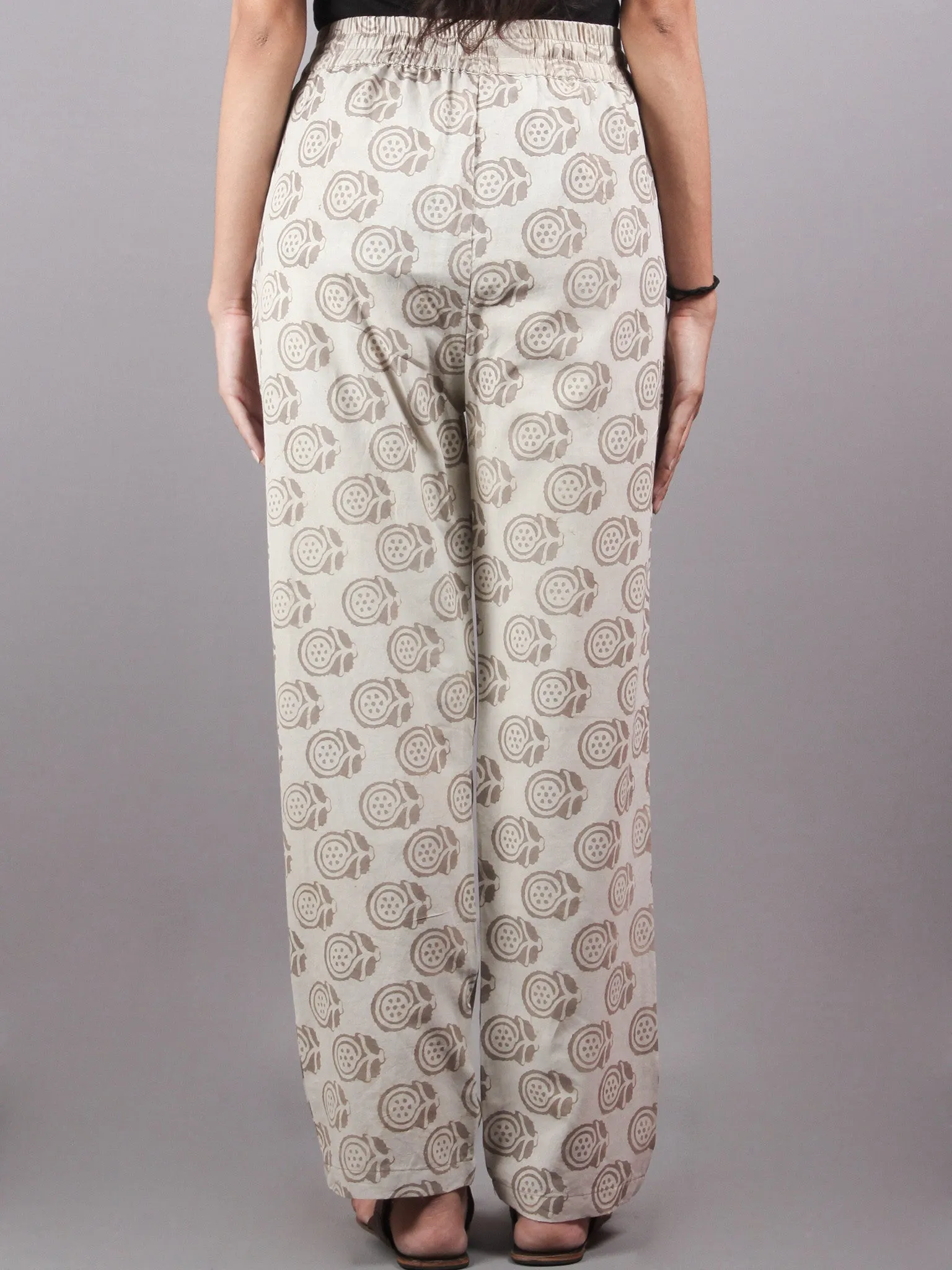 Beige Bagru Hand Block Printed Elasticated Waist Trousers- T0317035