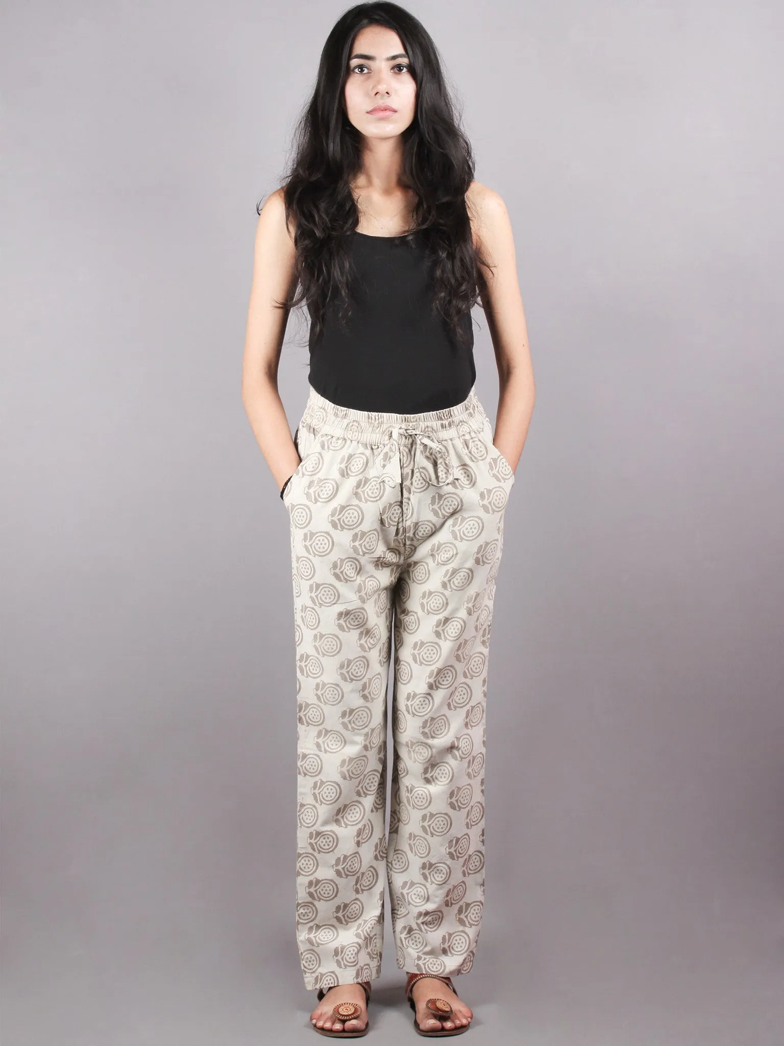 Beige Bagru Hand Block Printed Elasticated Waist Trousers- T0317035