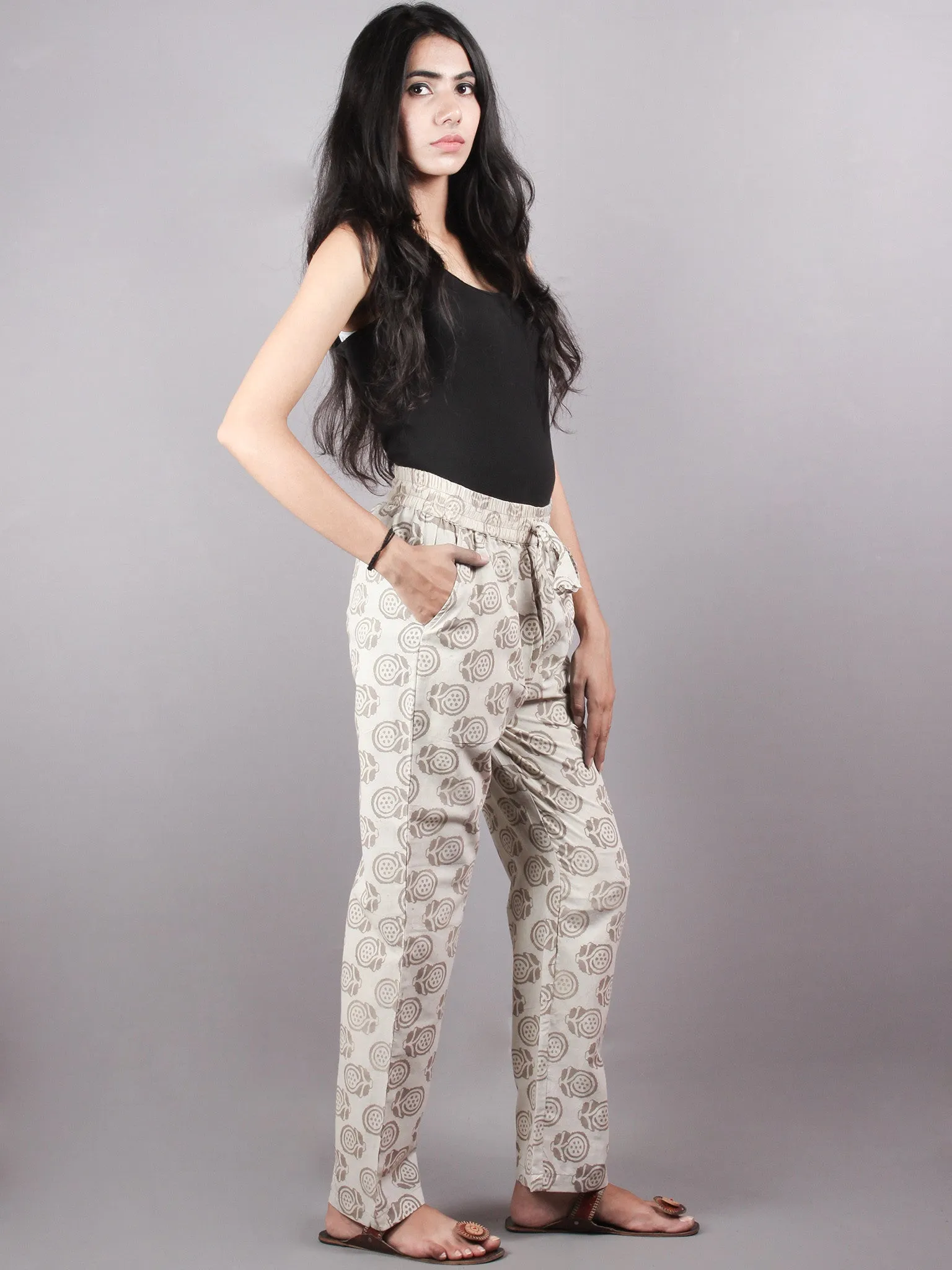 Beige Bagru Hand Block Printed Elasticated Waist Trousers- T0317035