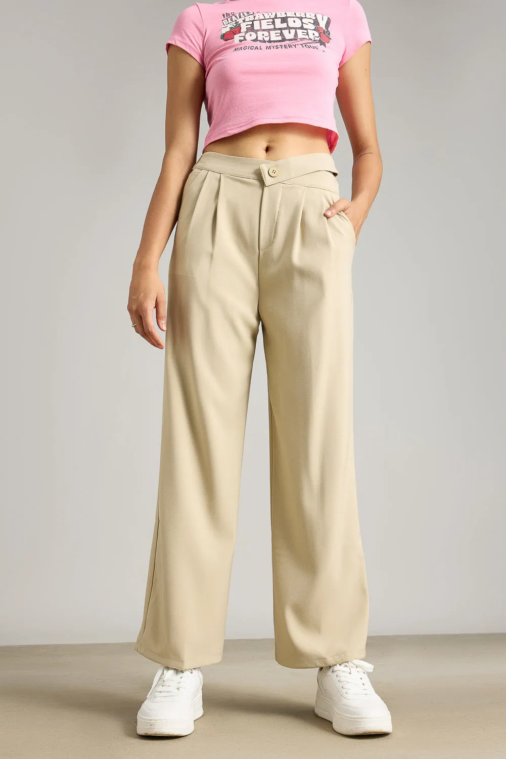 Beige Pleated Formal Korean Pants