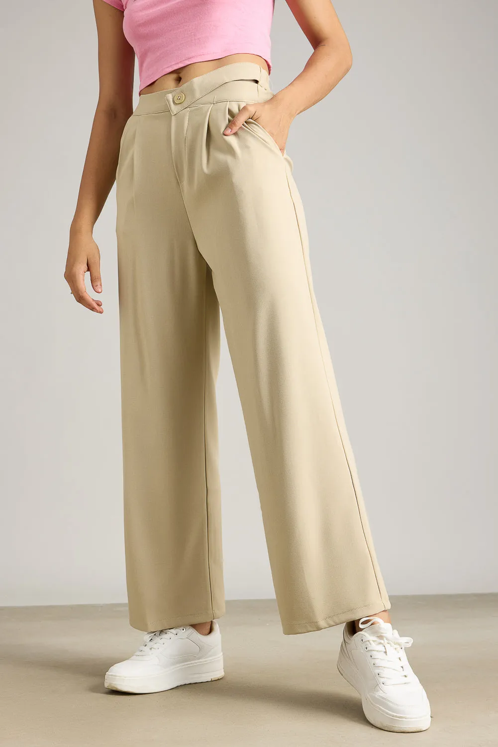 Beige Pleated Formal Korean Pants