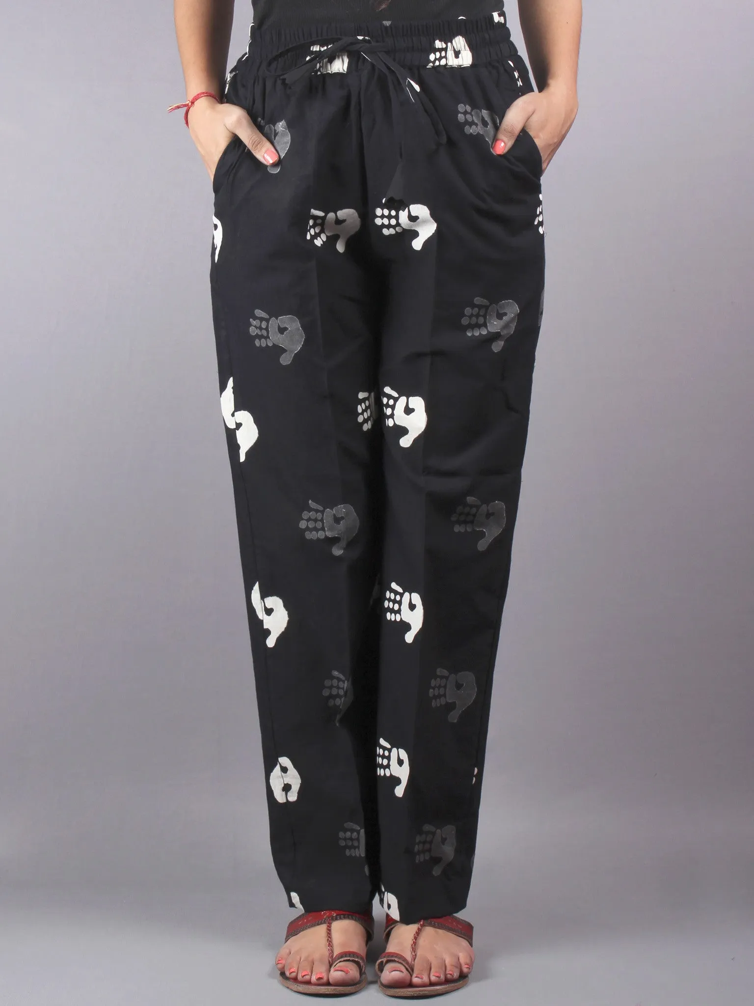 Black Hand Block Printed Elasticated Waist Trousers- T0317013