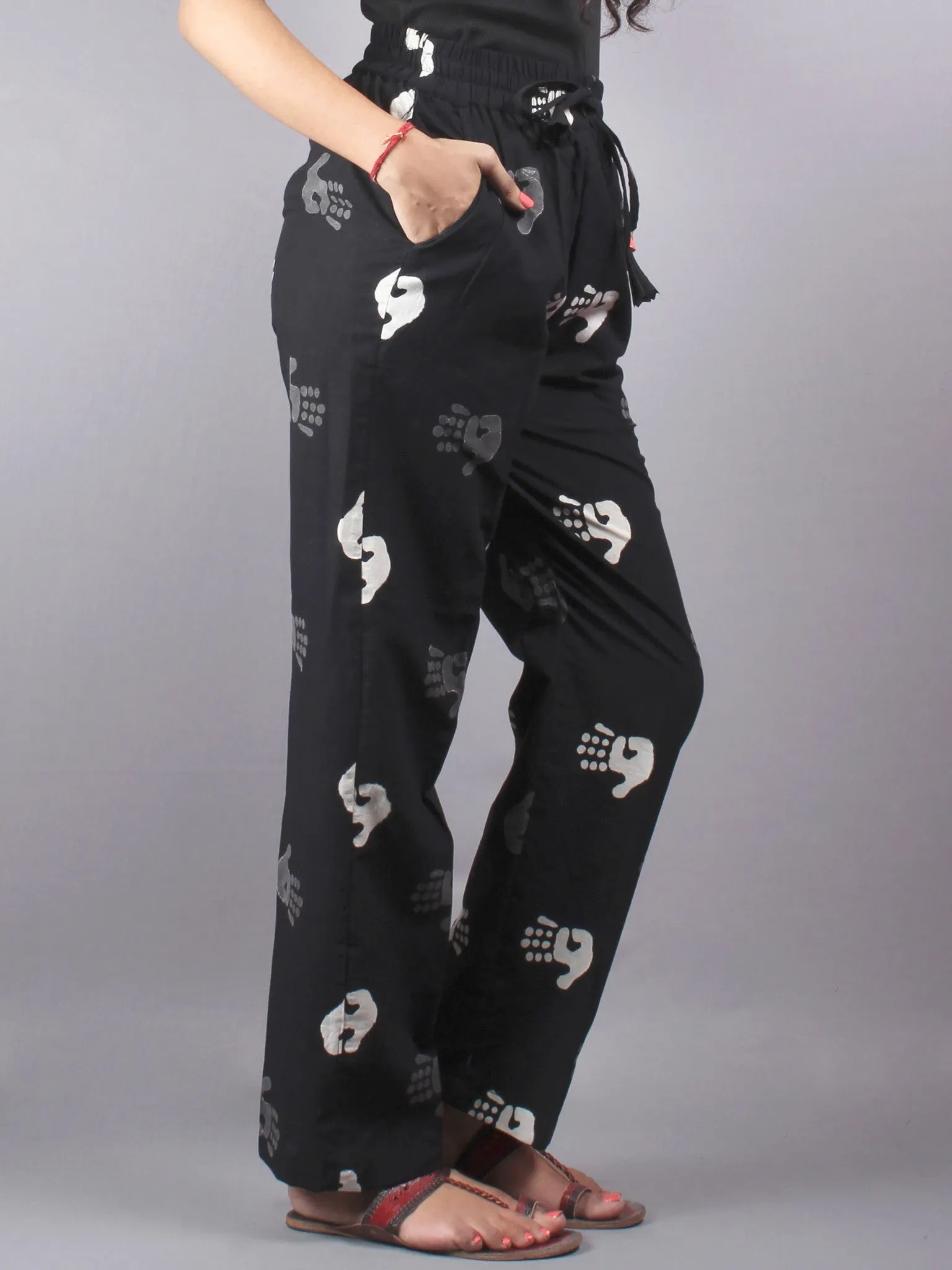 Black Hand Block Printed Elasticated Waist Trousers- T0317013