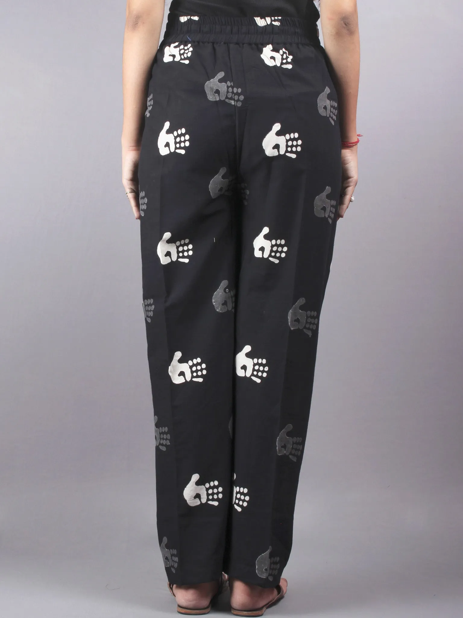 Black Hand Block Printed Elasticated Waist Trousers- T0317013