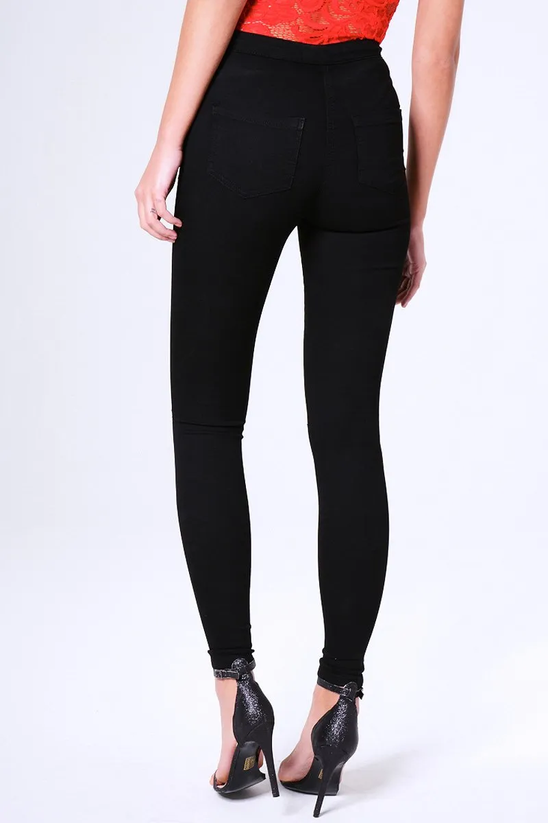 Black High Waisted Ripped Knee Skinny Jeans - Amara