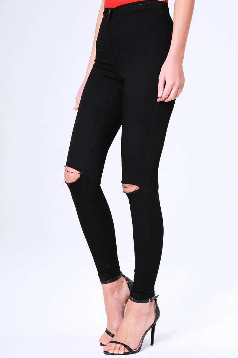 Black High Waisted Ripped Knee Skinny Jeans - Amara