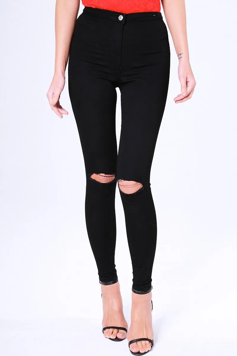 Black High Waisted Ripped Knee Skinny Jeans - Amara