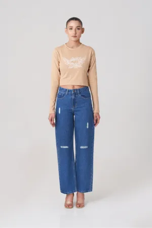 Blue Culotte High Waist Ripped Jeans