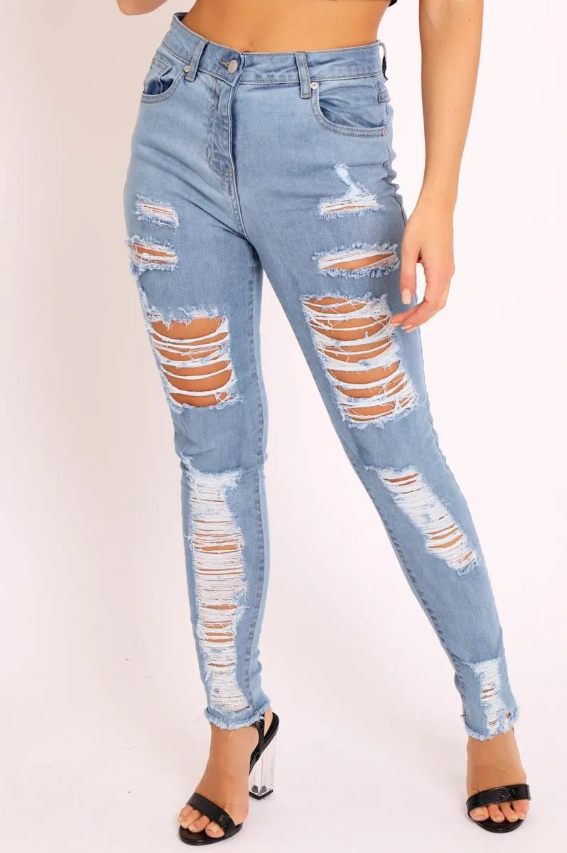 Blue Denim Frayed Hem Distressed Skinny Jeans - Tristen