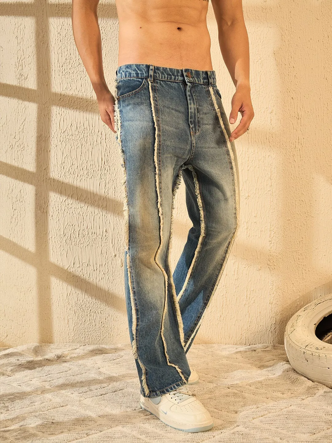 Blue Frayed Wide Leg Denim