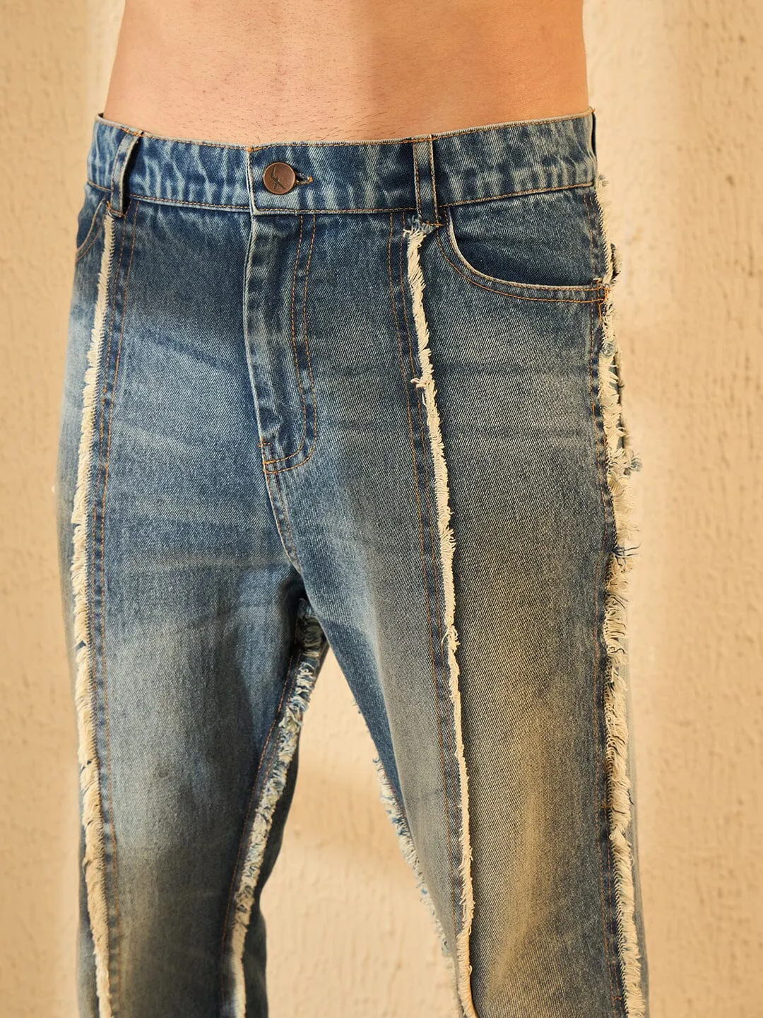 Blue Frayed Wide Leg Denim