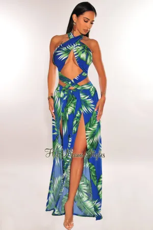 Blue Green Tropical Print Criss Cross Wrap Halter Palazzo Jumpsuit