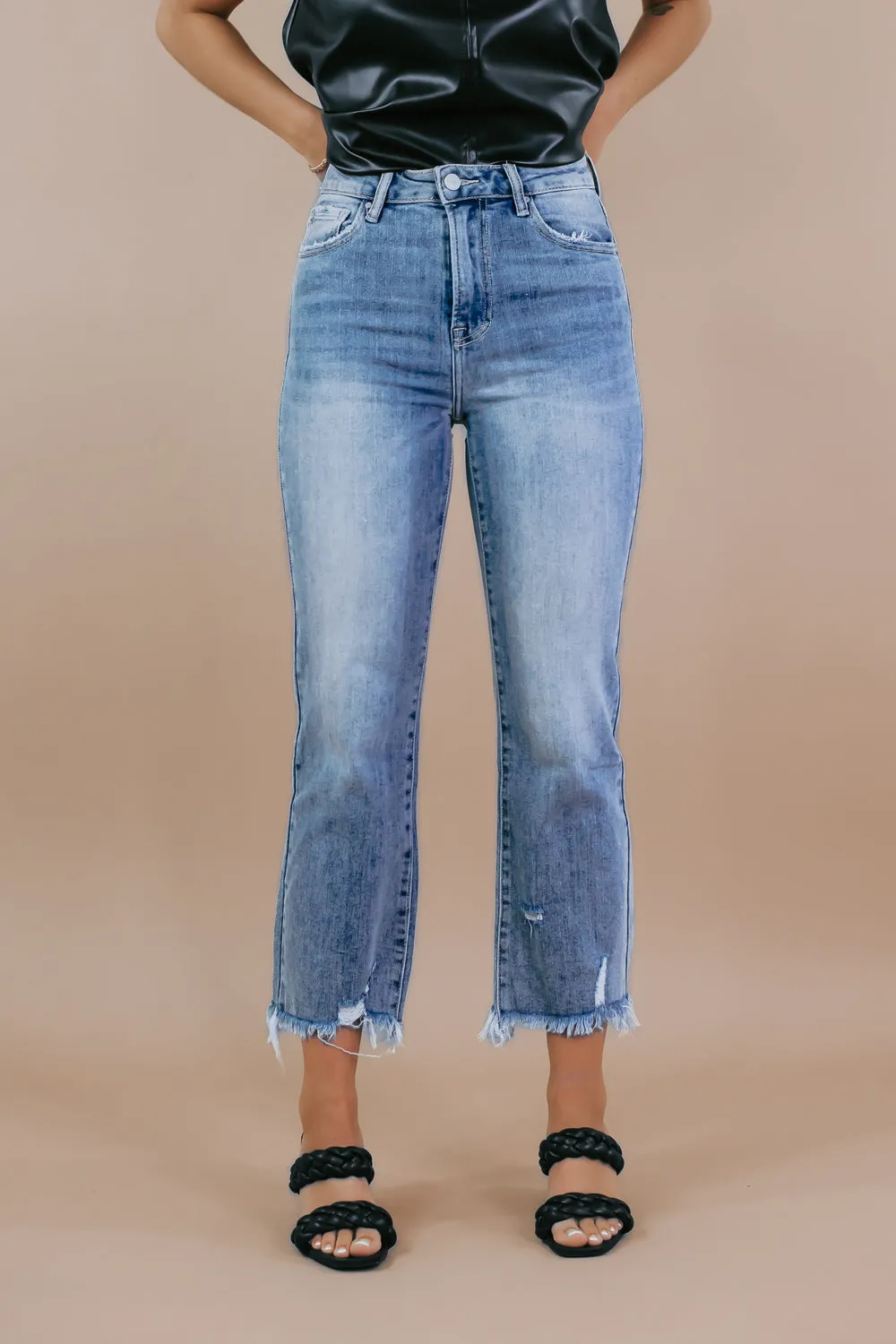 Casey Cropped High Waisted Straight Leg Jeans, Light Wash RISEN