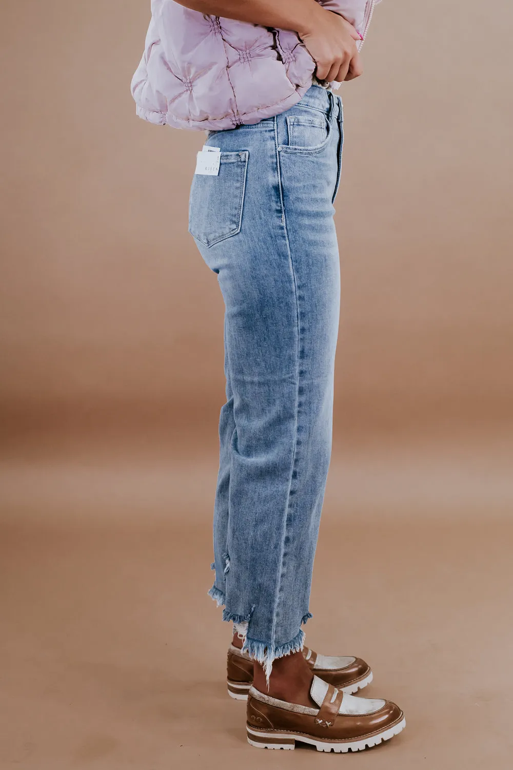 Casey Cropped High Waisted Straight Leg Jeans, Light Wash RISEN