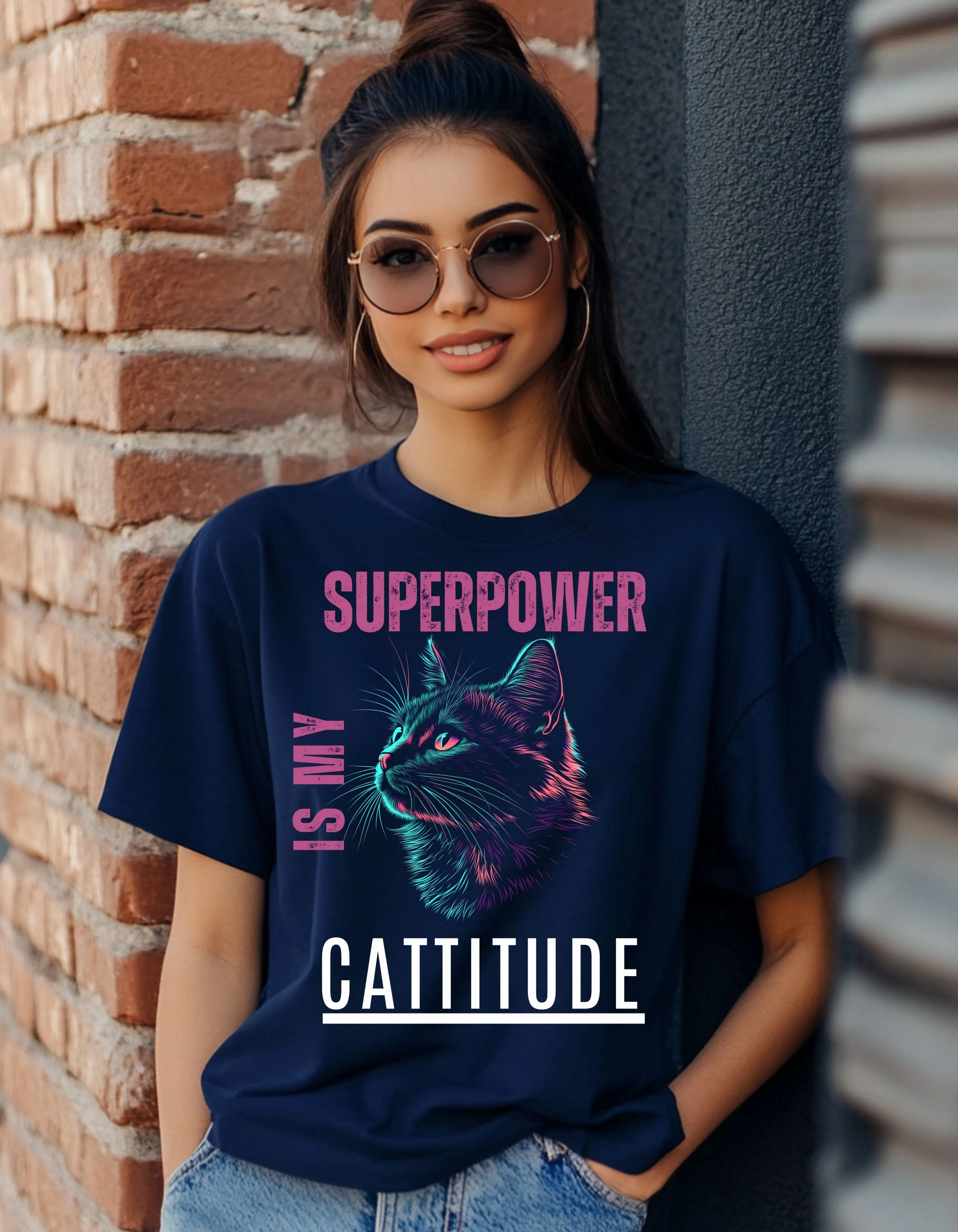 Cattitude Is My Superpower | Oversized Cat Graphic Cotton T-Shirt