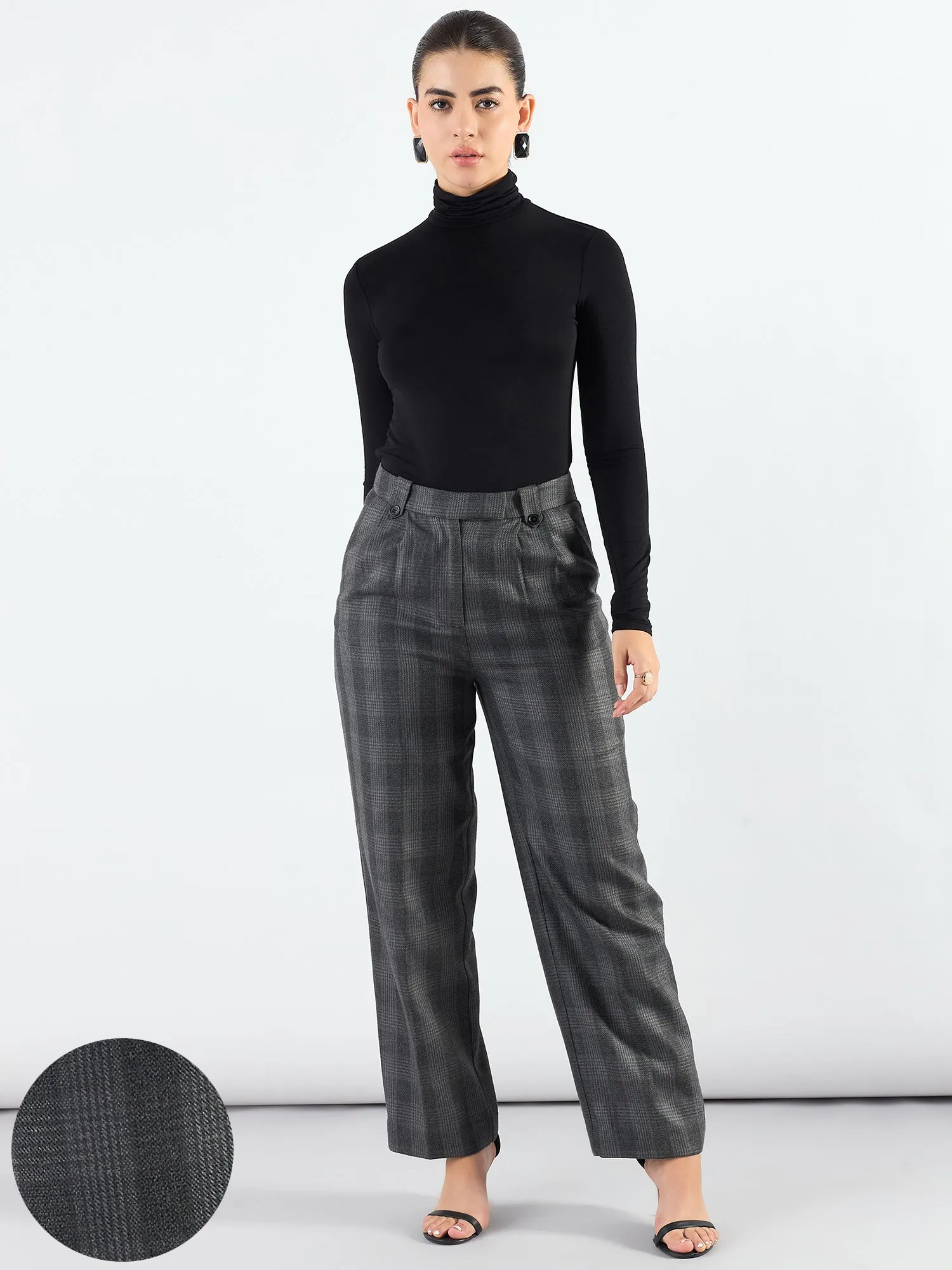 Checkered High Waist Warm Pleated Trouser