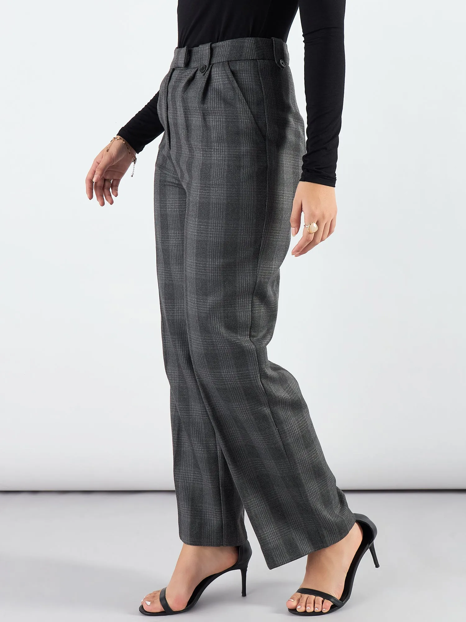 Checkered High Waist Warm Pleated Trouser