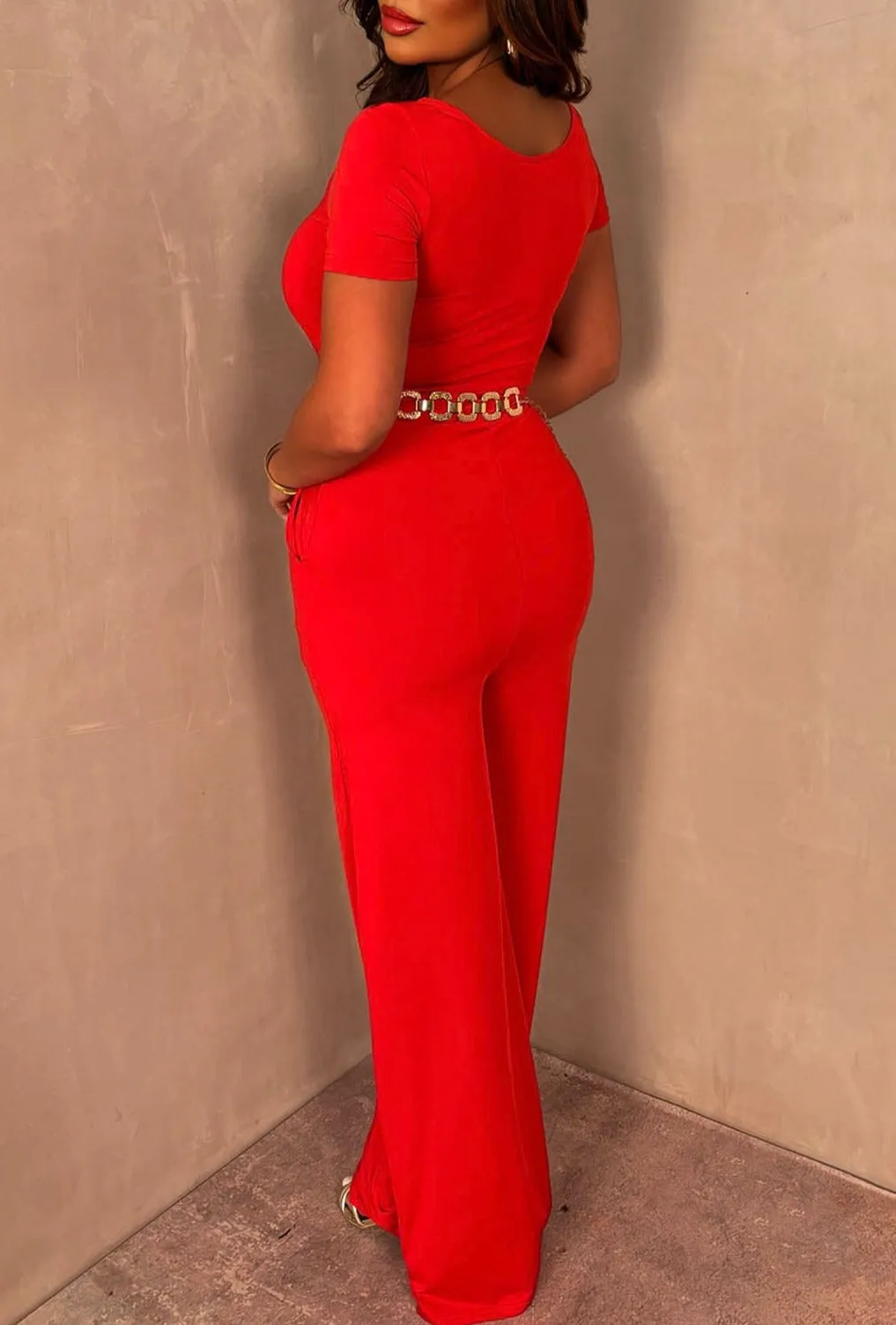 Chic Babe Red Square Neck Short Sleeve Wide Leg Jumpsuit