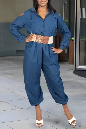 Chic Cold-shoulder Hooded Denim Jumpsuit