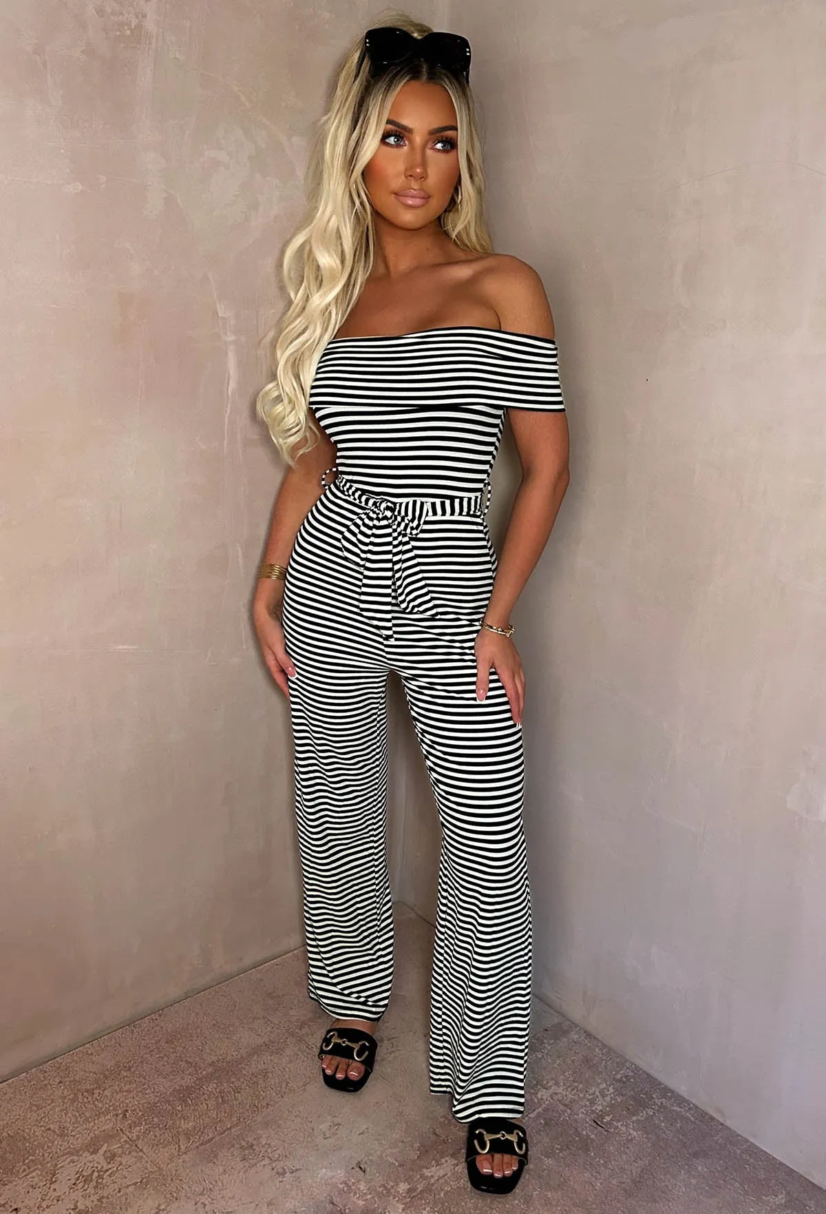 Chic Embrace Monochrome Stripe Bardot Jumpsuit