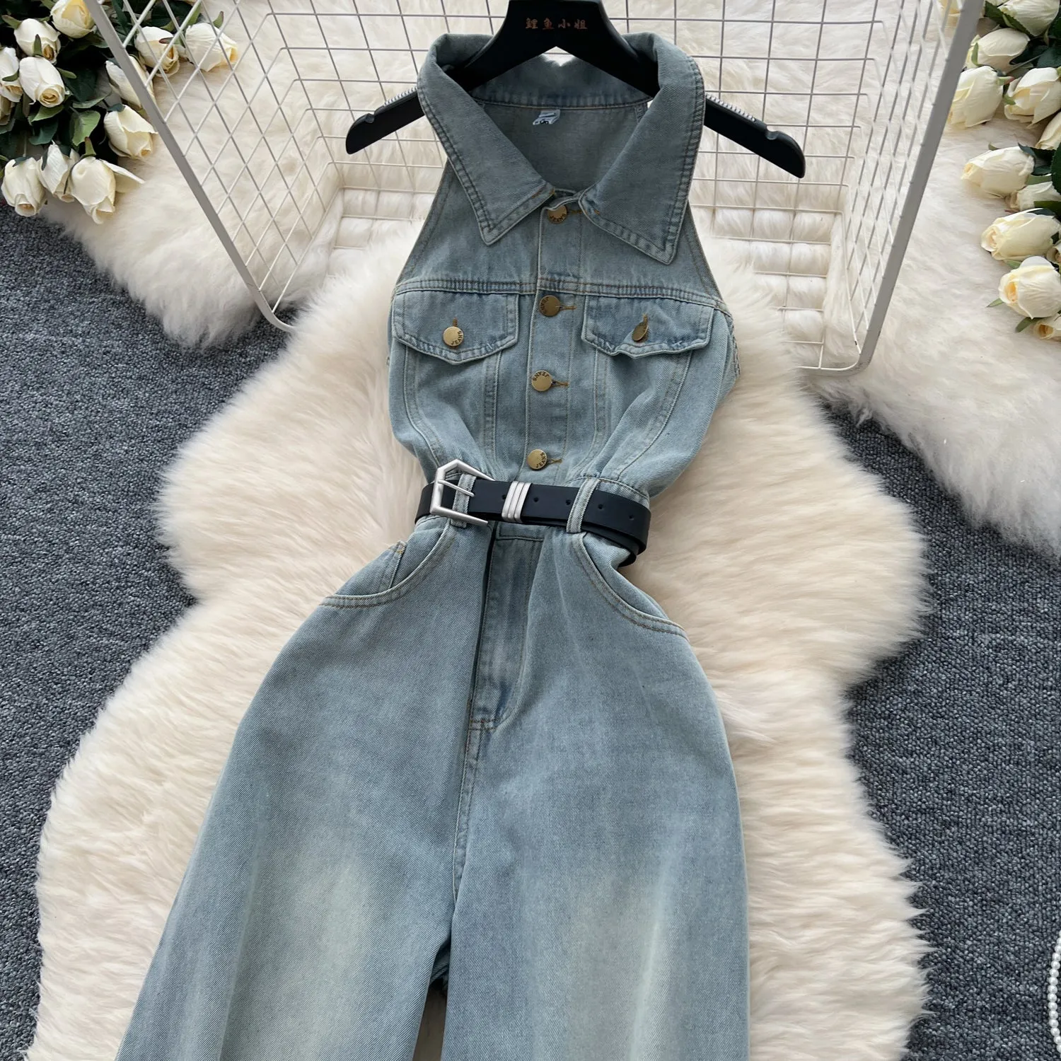 Chic Lapeled Denim Halter Jumpsuit