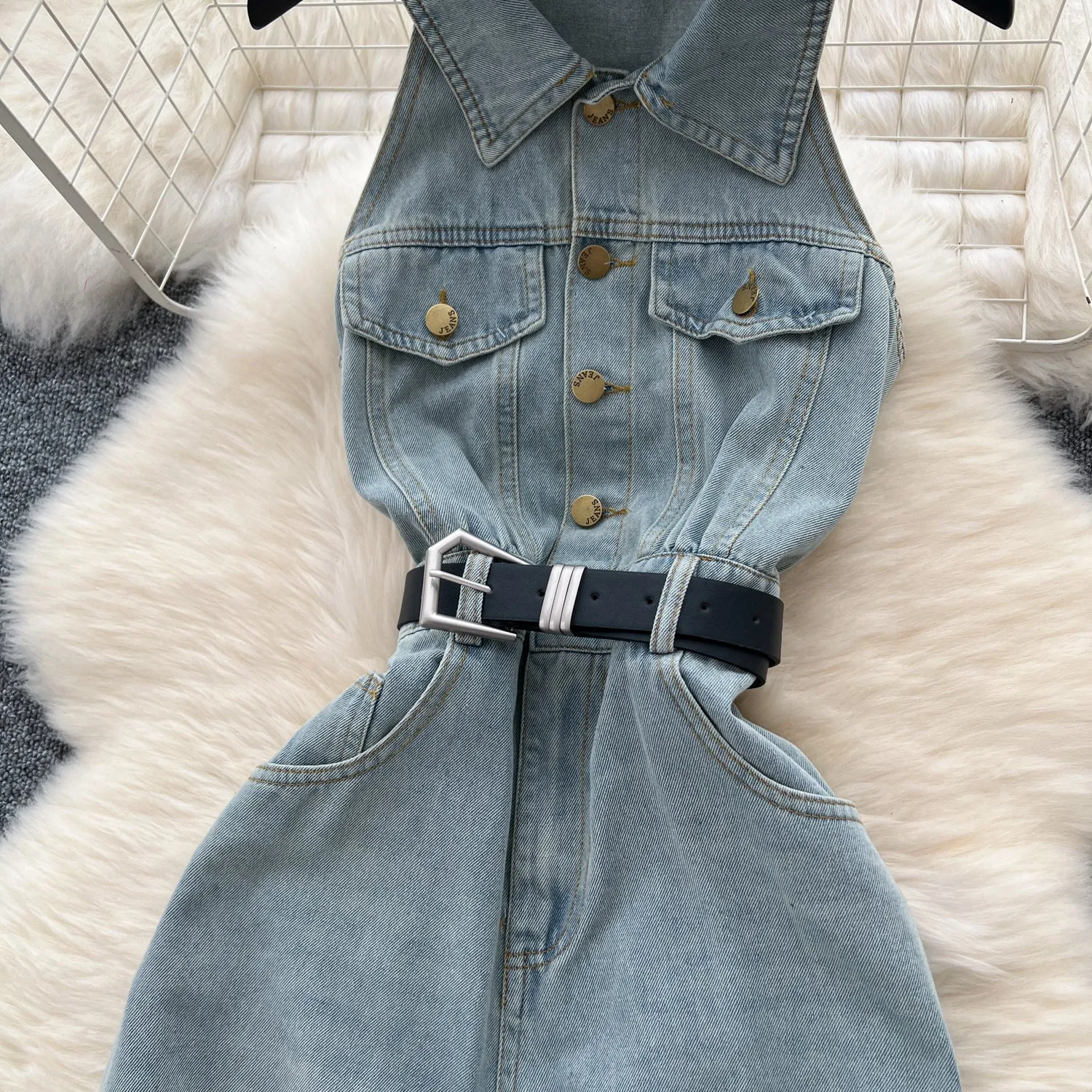 Chic Lapeled Denim Halter Jumpsuit