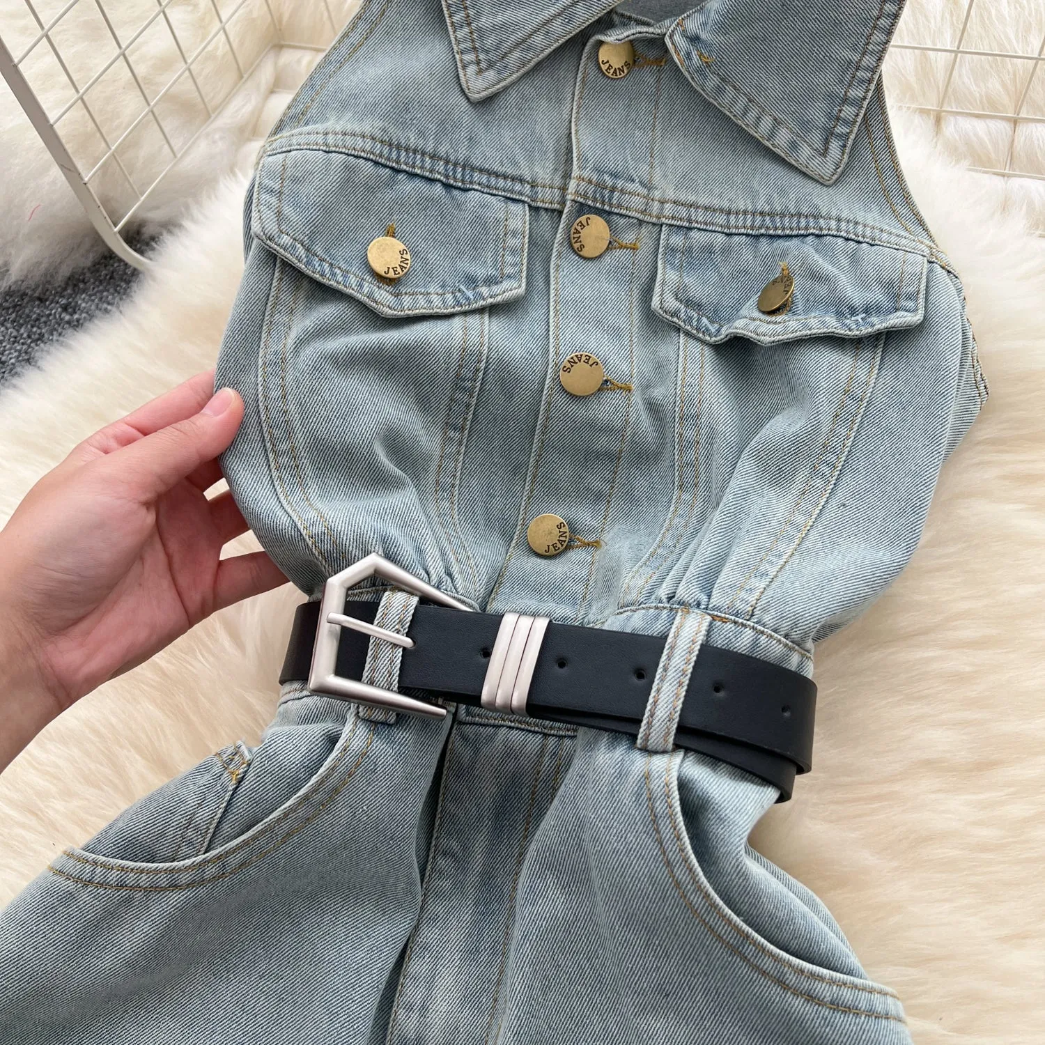 Chic Lapeled Denim Halter Jumpsuit