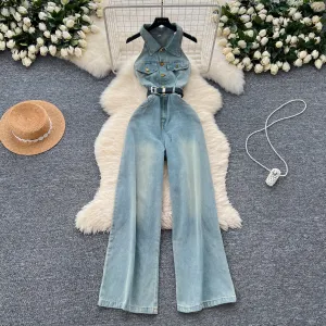 Chic Lapeled Denim Halter Jumpsuit