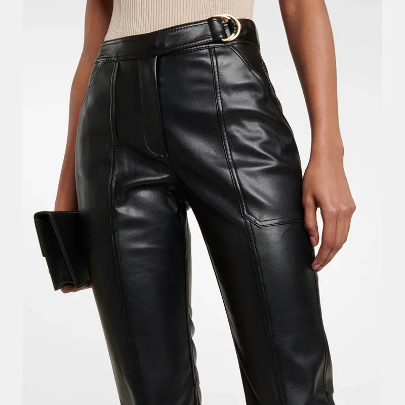 Chic Mid-Waist Faux Leather Trousers