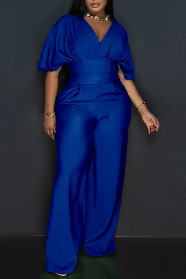 Chic V Neck Short Sleeve Wide Leg Jumpsuit