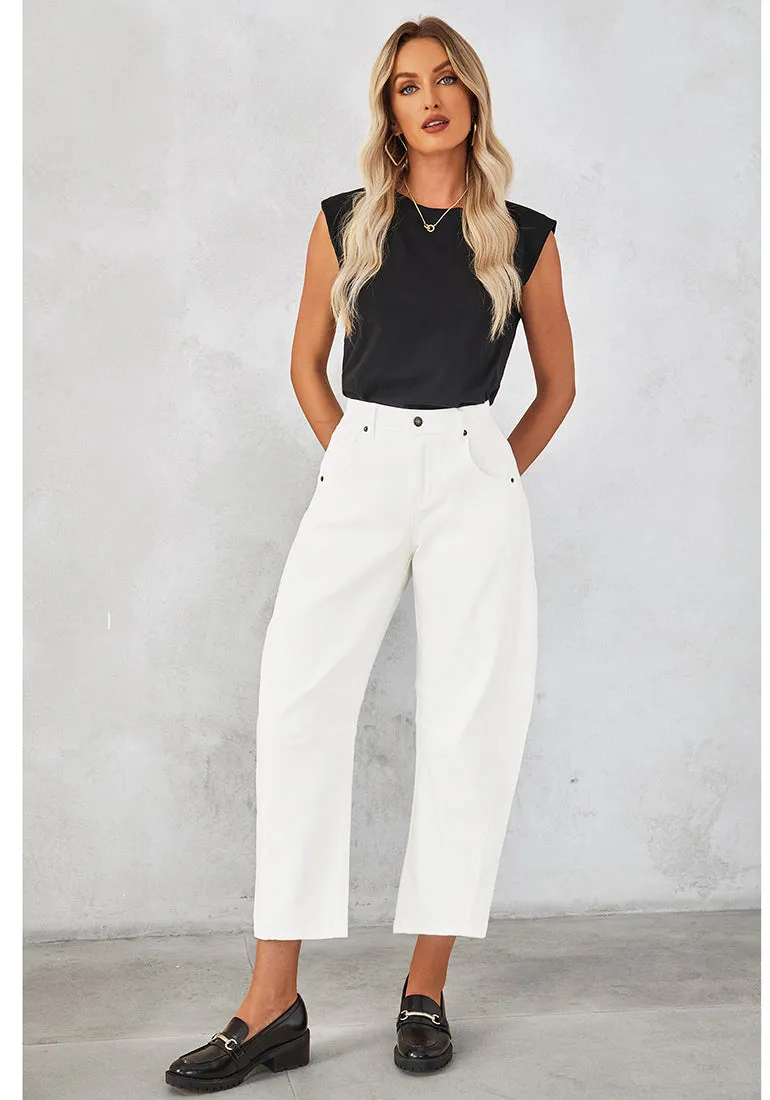 Cream White Women's Cropped Denim High Waisted Jeans Pull On Straight Leg Stretch Barrel Jeans