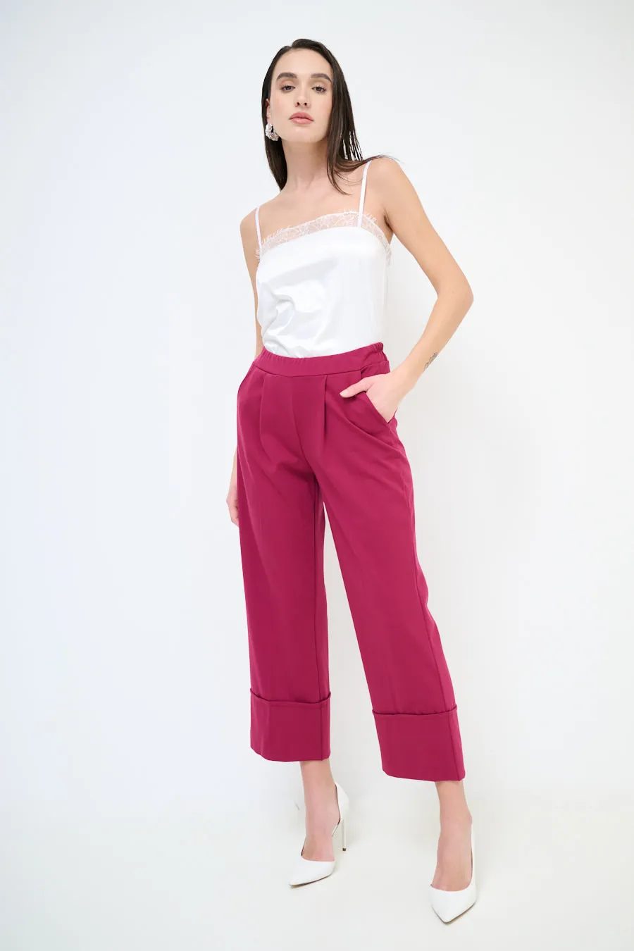 Cropped wide leg cuffed trousers wholesale