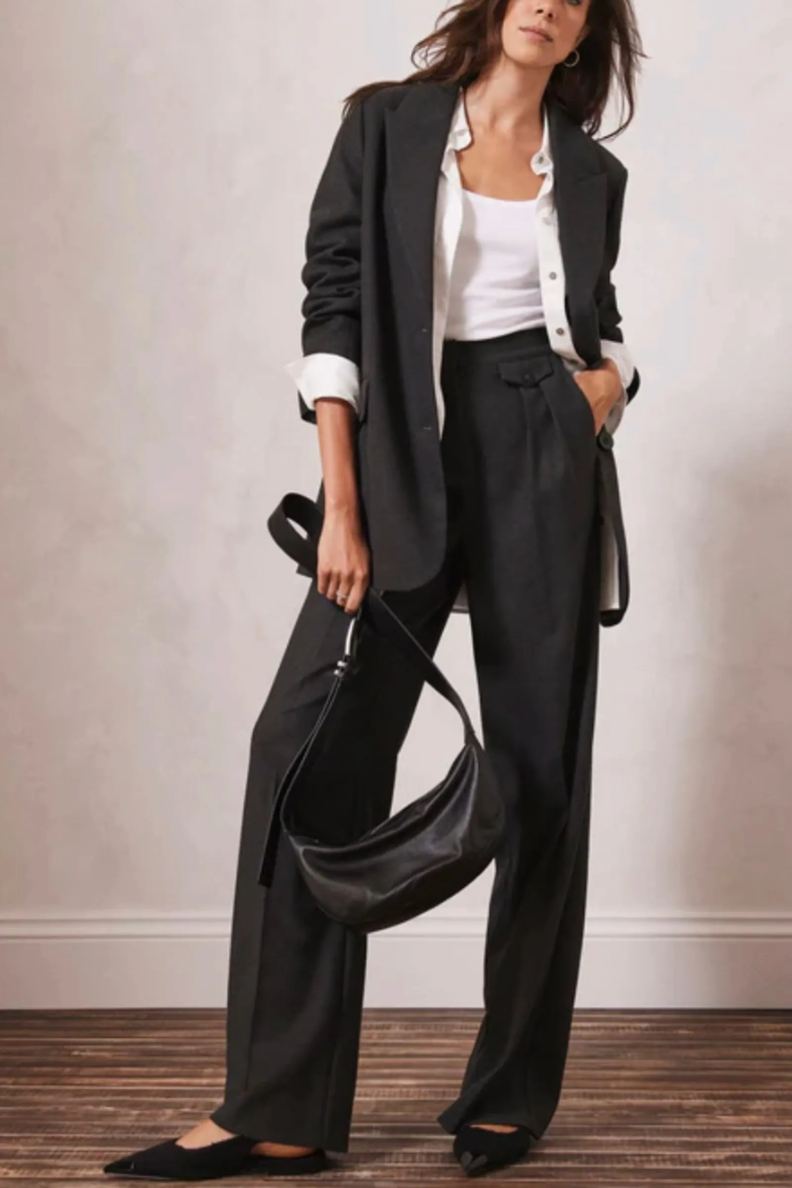 Dark Grey Relaxed Blazer and Pleat Wide Trousers