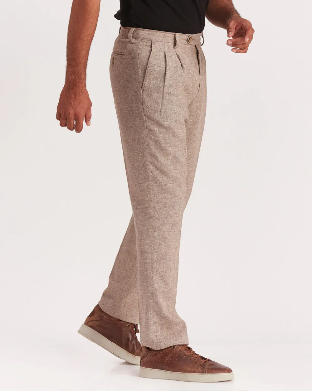 Double Pleated Relaxed Fit Trousers - Brown Oak