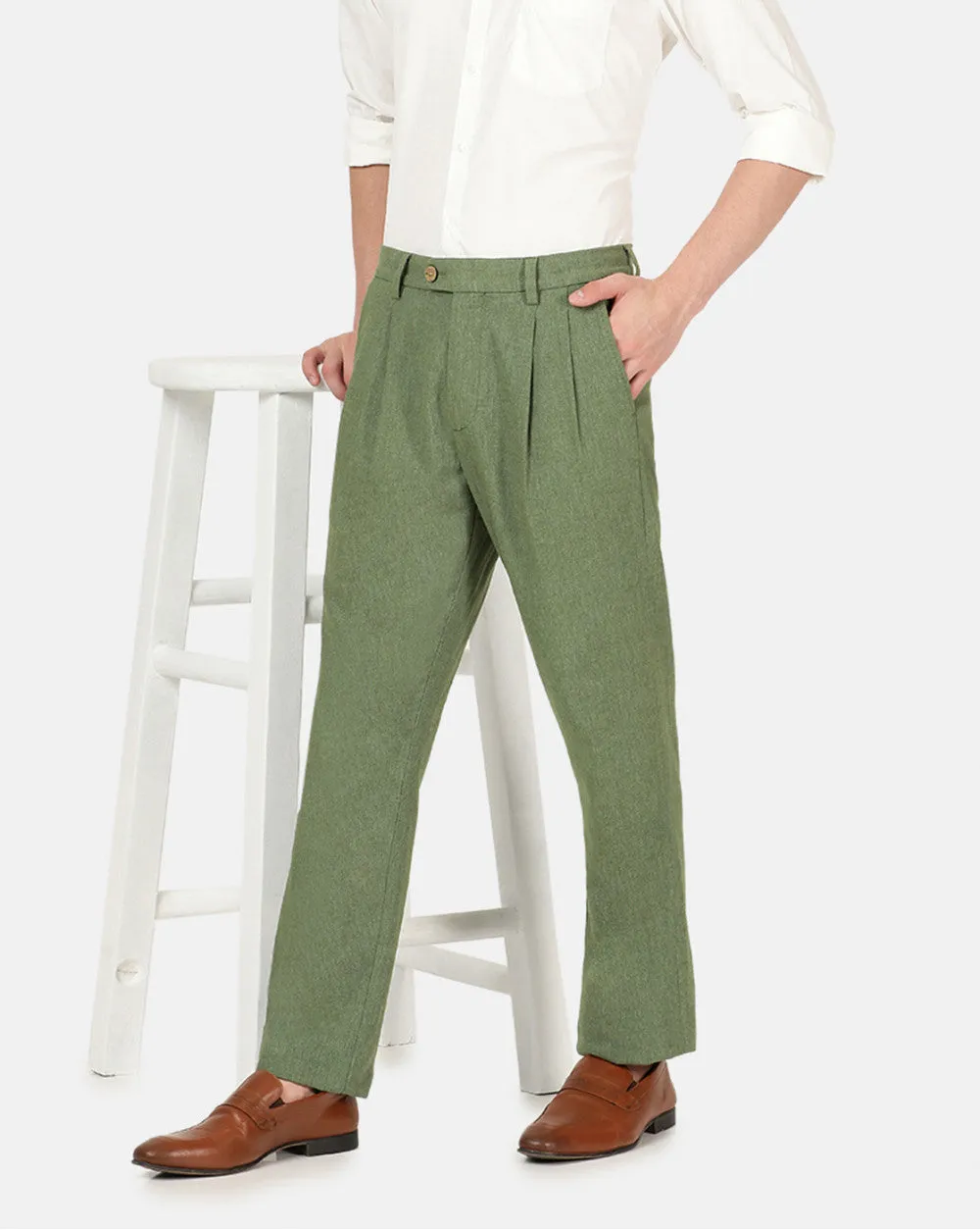 Double Pleated Relaxed Fit Trousers - Chive Green