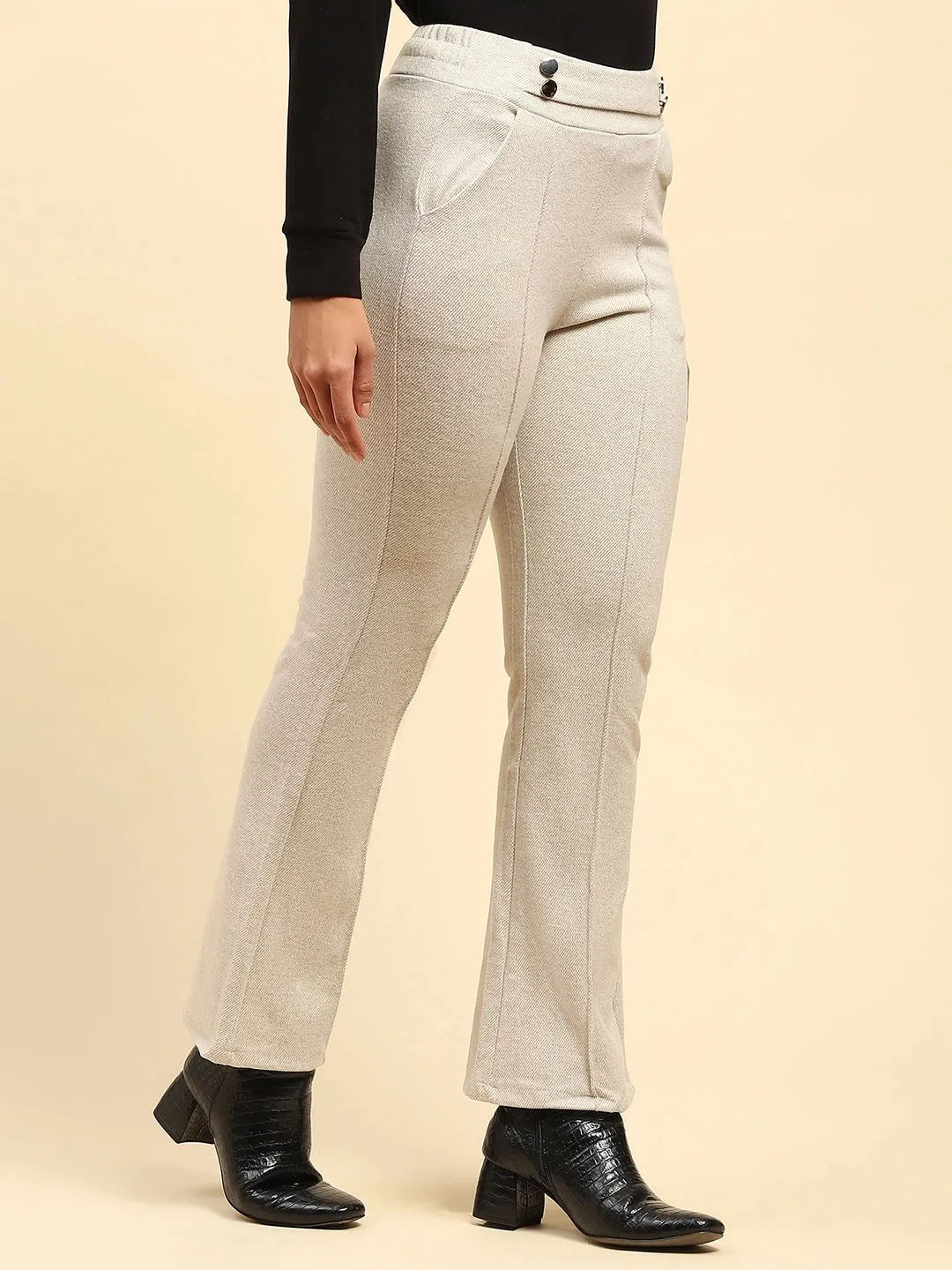 Ecru Solid Poly Viscose Relaxed Fit Trouser For Winter