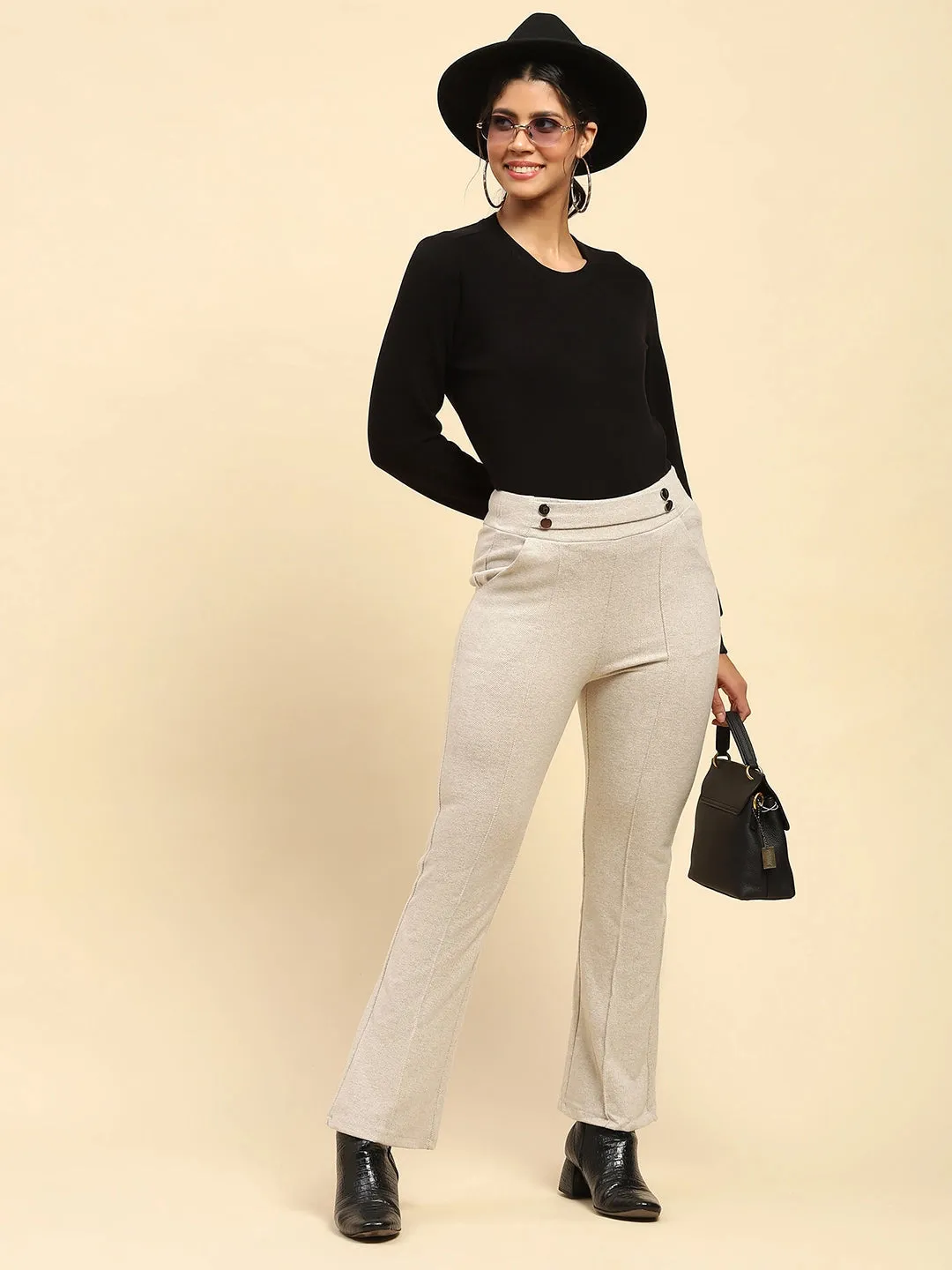 Ecru Solid Poly Viscose Relaxed Fit Trouser For Winter