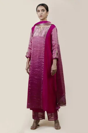 Embroidered Chanderi /Panelled A-Line Kurta And Slub Silk Pants Set