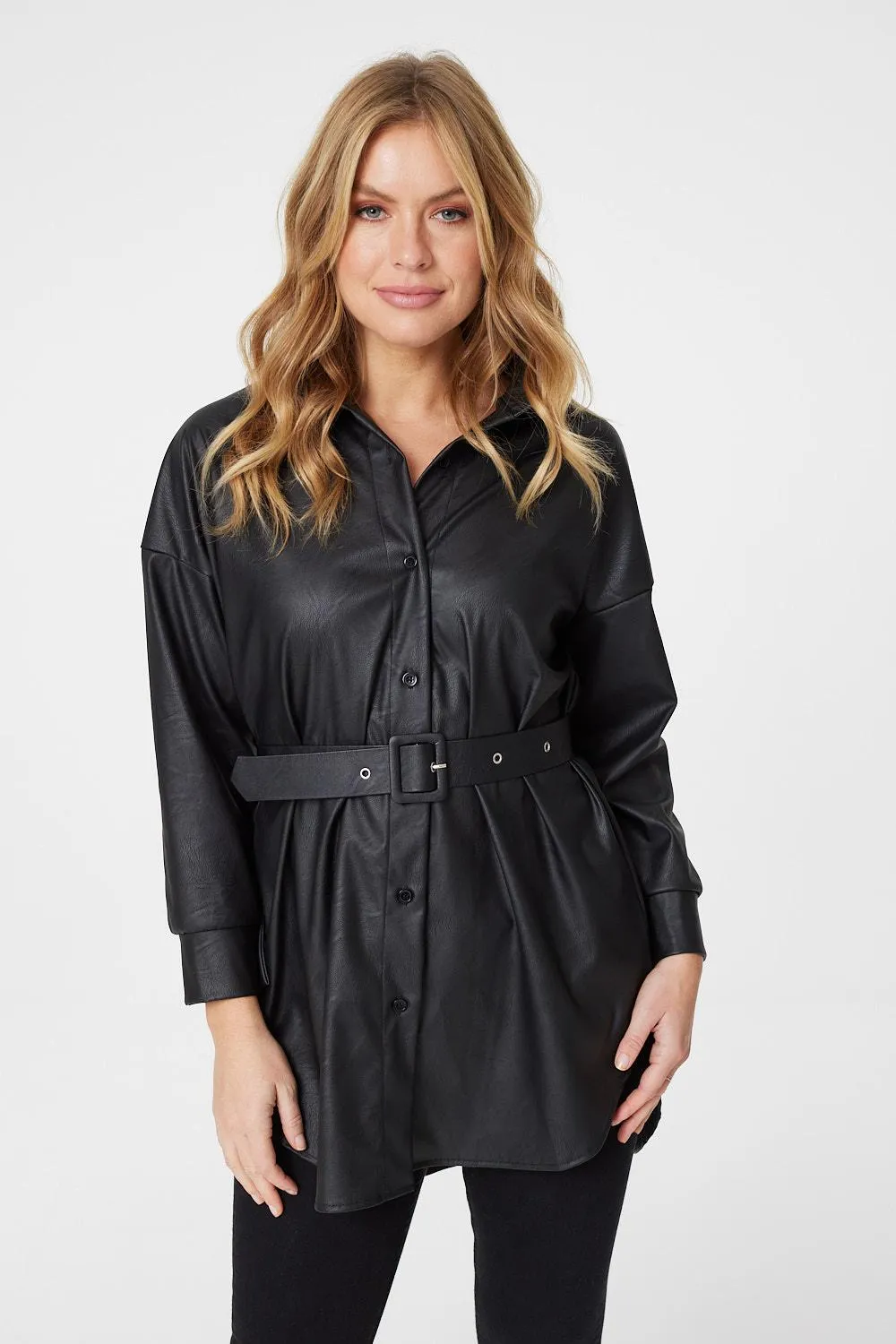 Faux Leather Button Front Shirt